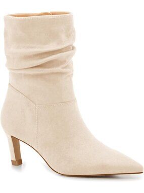 Women's Cream White Slouch Ankle Boots Kitten Low Heels Pointed Toe Zip Booties